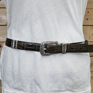 Brighton Reversible Belt Large Green Croc Embossed Brown Leather
